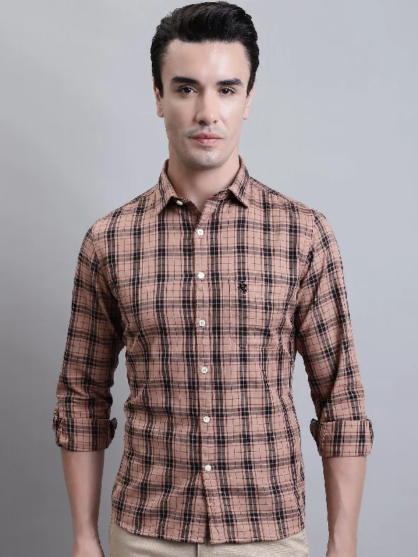 Men's Plaid Shirts for a Country CharmMen's Light Brown Casual Medium Checks Full Sleeve Shirt