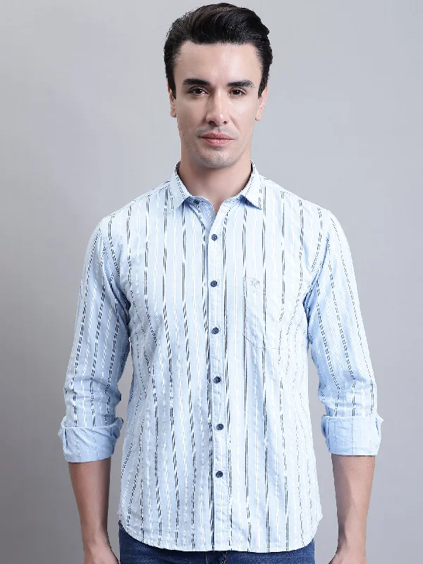 Men's Solid-Colored Shirts for VersatilityMen's Light Blue Casual Stripe Print Full Sleeve Shirt