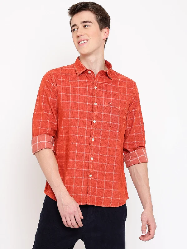 Men's Performance Shirts for Active LifestylesMen's Bright Red Casual Medium Checks Print Corduroy Full Sleeve Shirt