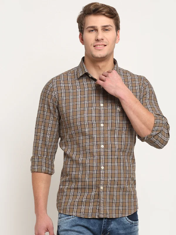 Versatile Men's Short-Sleeve ShirtsMen Cotton Checkered Brown Full Sleeve Casual Shirt for Men with Pocket