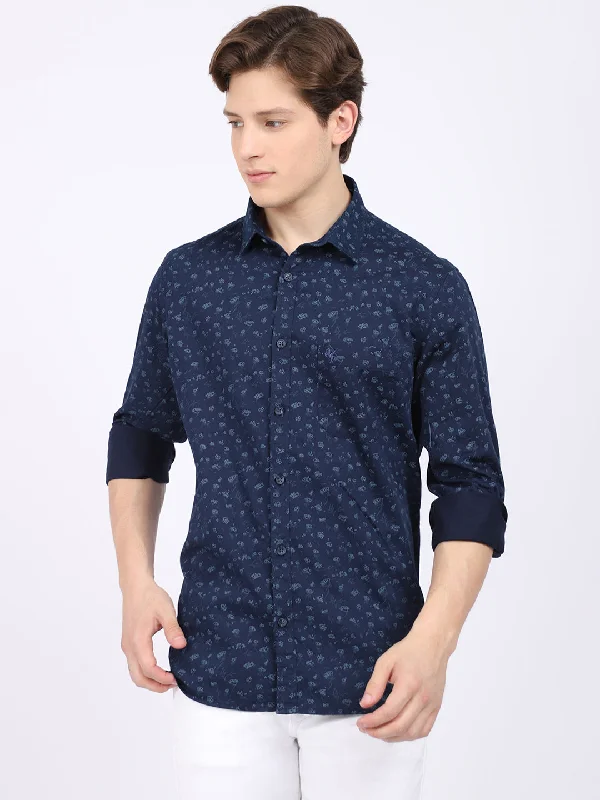 Men's Tennis Shirts for Court ComfortMen's Navy Blue Casual Abstract Print Full Sleeve Shirt