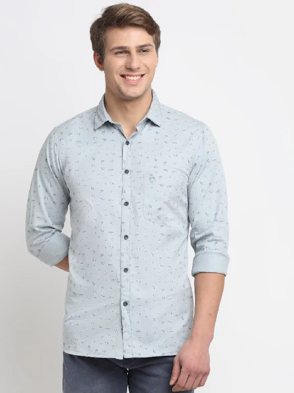 Layered Men's Henley ShirtsMen's Light Grey Casual Ditsy Print Full Sleeve Shirt