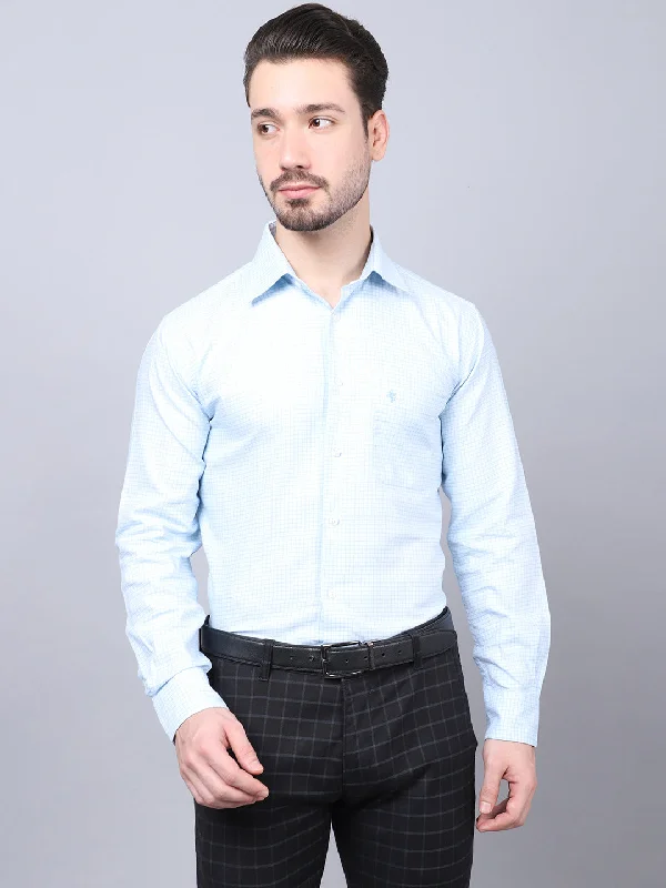 Men's Striped Long-Sleeve Shirts for a Maritime FeelMen's Sky Blue Formal Small Checks Full Sleeve Shirt