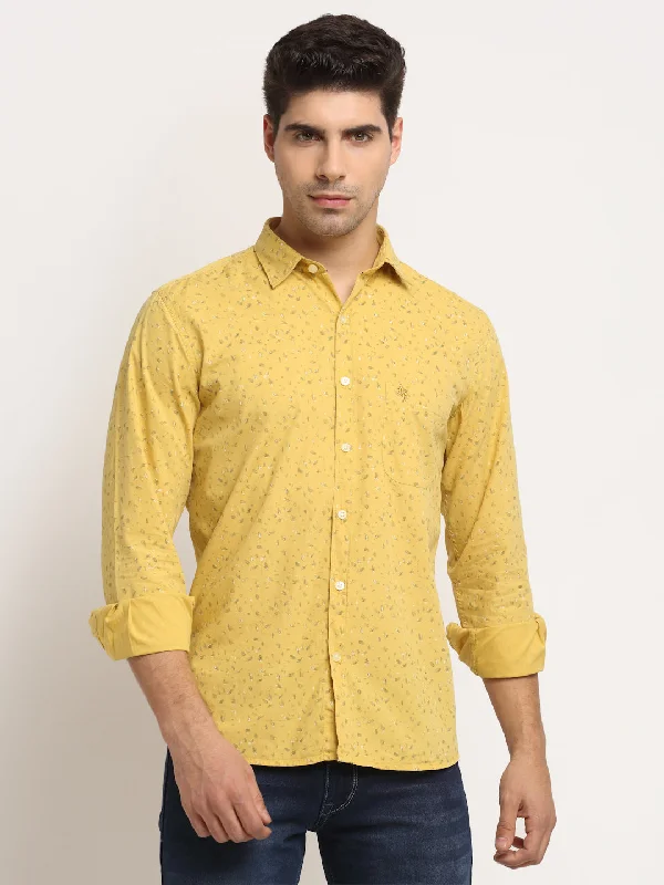 Men's Stain-Resistant Shirts for Mess-Free WearMen Cotton Printed Yellow Full Sleeve Casual Shirt for Men with Pocket