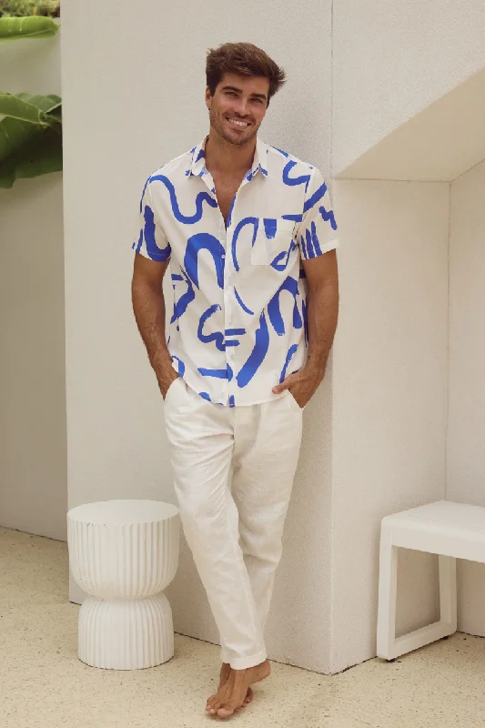 Men's Hawaiian Print Shirts for Luau PartiesMEN'S YORK SHIRT - WHITE/BLUE