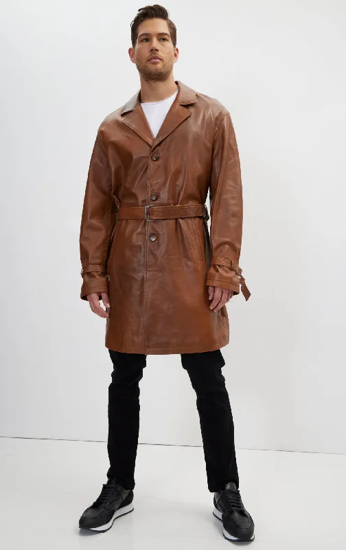 Lightweight Men's WindbreakersEnforcer'S Belted Leather Trench - Cognac