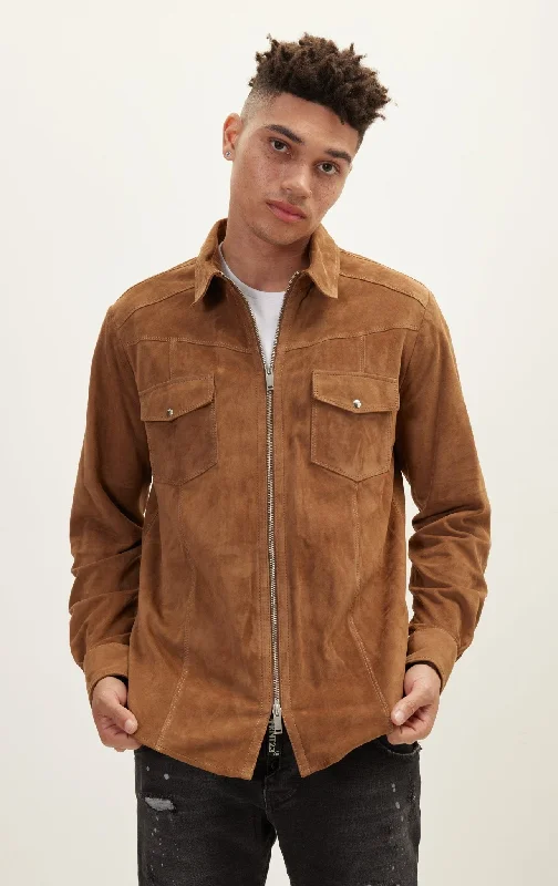 Men's Coats with Chest PocketsZipper Closure Suede Leather Shirt - Camel