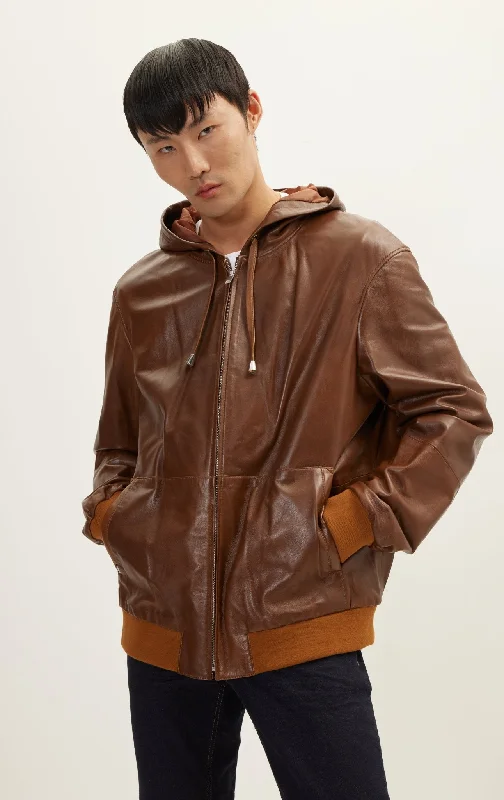 Durable Men's Car CoatsGenuine Leather Hooded Sweatshirt - Brown