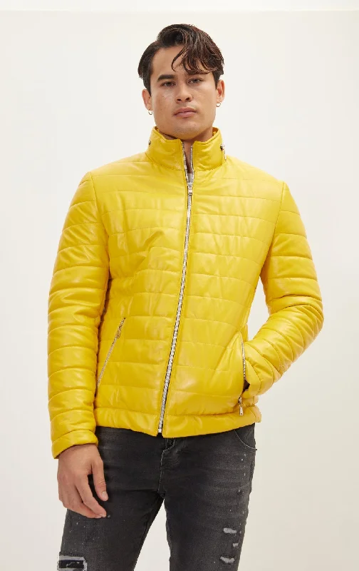 Men's Coats for Snowy WeatherLambskin Leather Puffer Jacket - Yellow