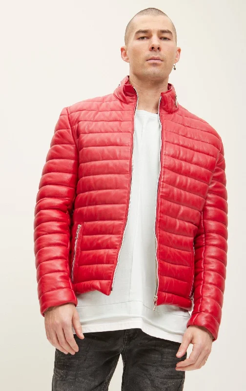 Men's Coats for WalkingLambskin Leather Puffer Jacket - Red