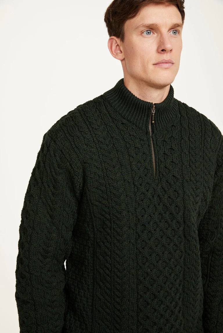 Men's Sweaters with Long SleevesAran - Ballycroy Mens Aran Half Zip Sweater - Forest Green