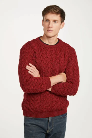 Men's Sweaters with Ribbed WaistbandsAran - Unisex Crew Neck Sweater - Red