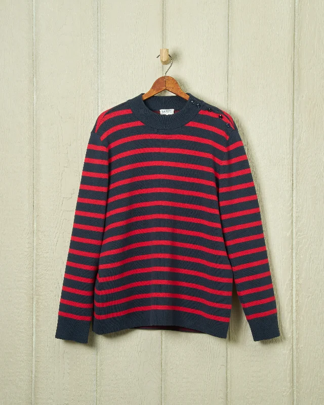 Casual Men's Pullover SweatersBateau Sweater in Navy/Red Stripe