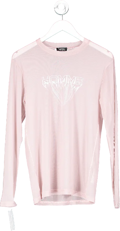 Men's Shirts with Geometric PatternsboohooMan Pink "homme" Mesh Long Sleeved Top UK M