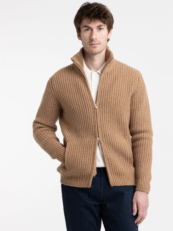 Men's Sweaters with Tailored FitsCamel Brown 5-Ply Cashmere Full Zip Knit