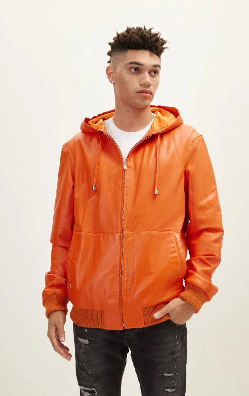 Stylish Men's Biker JacketsGenuine Leather Hooded Sweatshirt - Orange