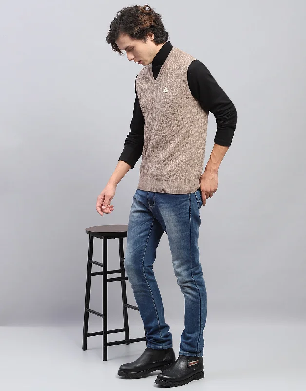 Men's Sweaters with Elastic WaistbandsMen Beige Self Design V Neck Sleeveless Sweater