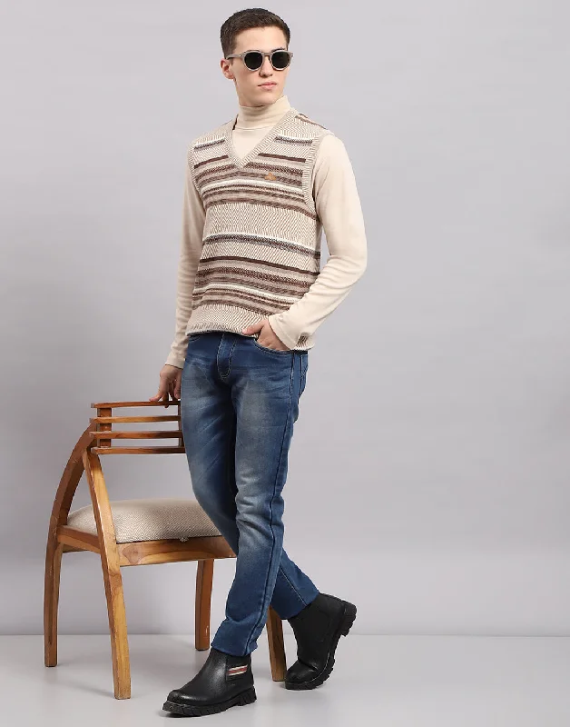 Layered Men's Vest SweatersMen Beige Stripe V Neck Sleeveless Sweater