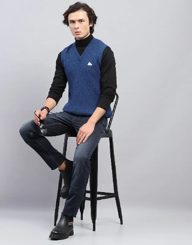 Elegant Men's Shawl-Collar SweatersMen Blue Self Design V Neck Sleeveless Sweater