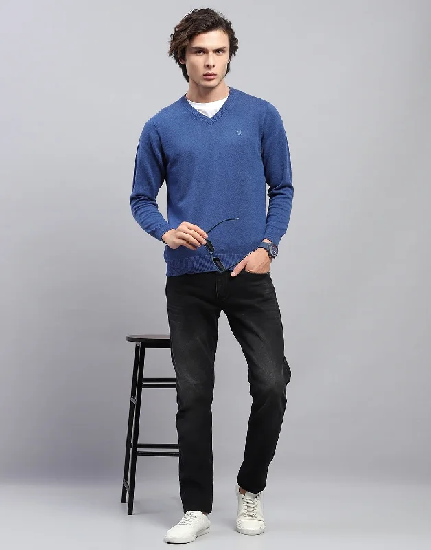 Men's Sweaters with Button-Down PlacketsMen Blue Solid V Neck Full Sleeve Pullover