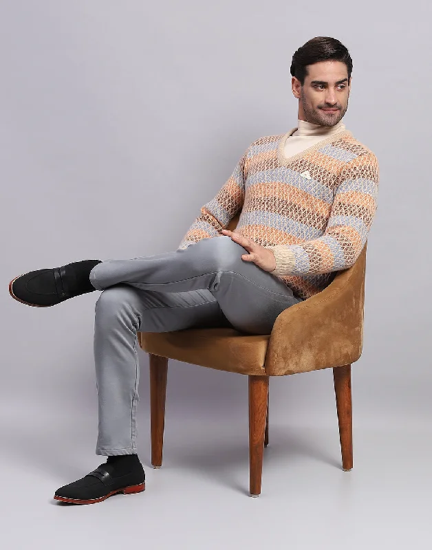 Men's Sweaters with Asymmetrical HemlinesMen Camel Brown Self Design V Neck Full Sleeve Pullover