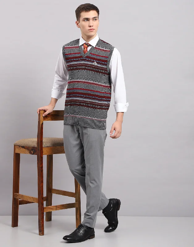 Warm Men's Hooded SweatersMen Grey Stripe V Neck Sleeveless Sweater