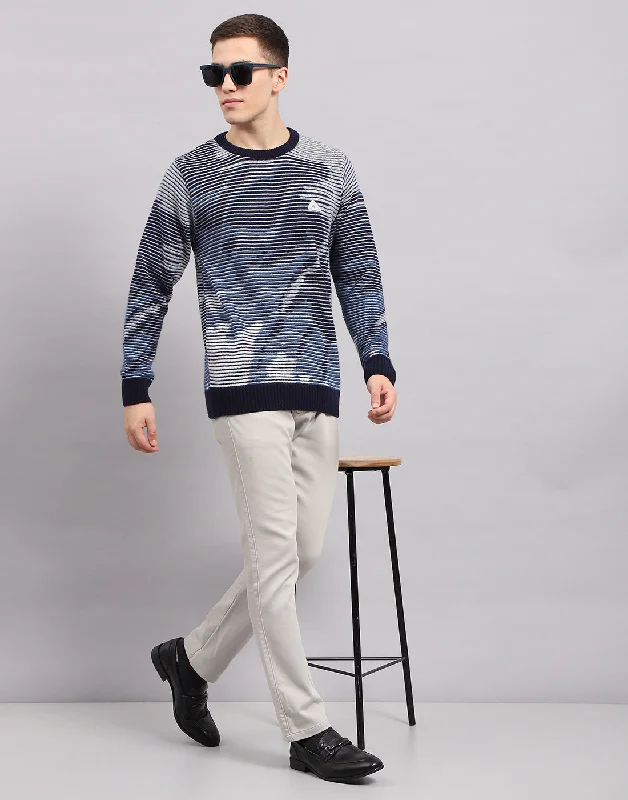 Men's Sweaters with Contrast TrimMen Navy Blue Self Design Round Neck Full Sleeve Pullover