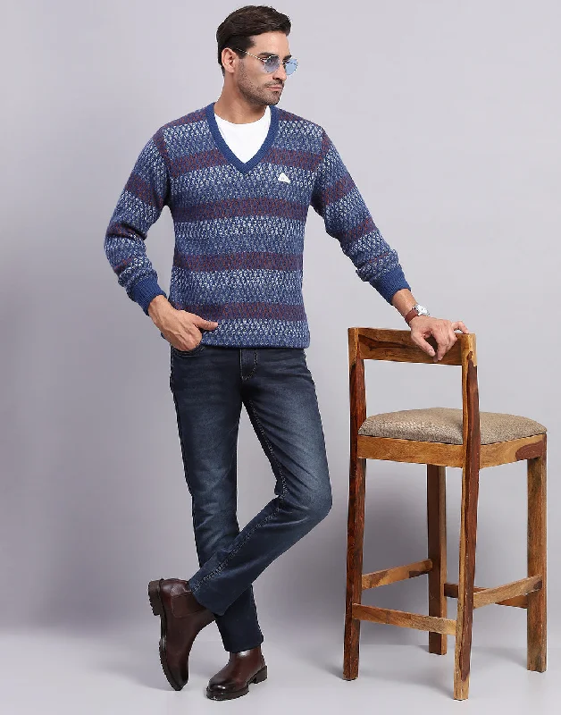 Men's Sweaters with Ribbed CuffsMen Navy Blue Self Design V Neck Full Sleeve Pullover