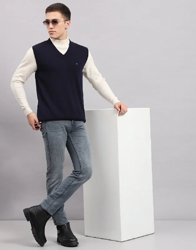 Men's Sweaters with Short SleevesMen Navy Blue Solid V Neck Sleeveless Sweater