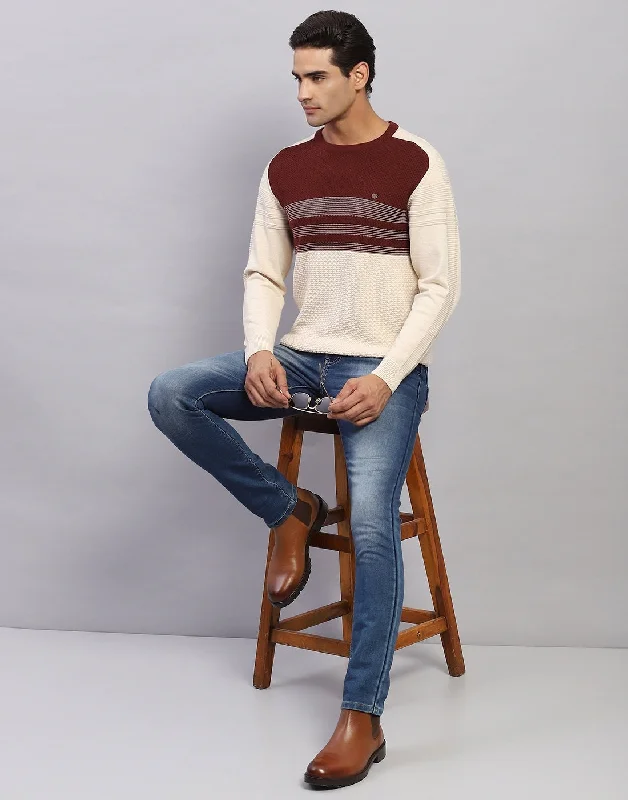 Men's Sweaters with SequinsMen Off White Self Design Round Neck Full Sleeve Pullover