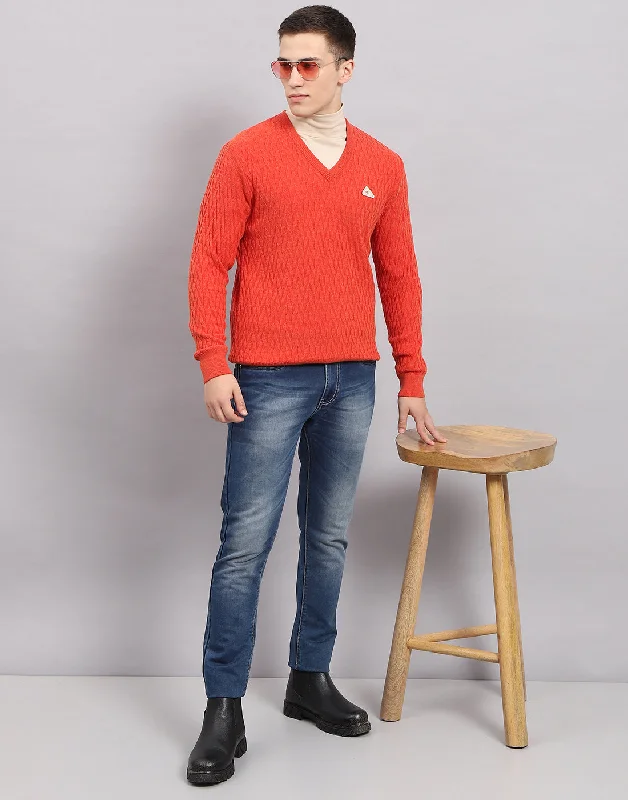 Men's Sweaters with Tapered ShapesMen Orange Self Design V Neck Full Sleeve Pullover