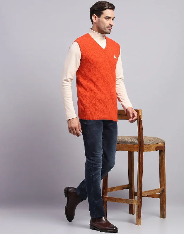 Men's Sweaters with High-Neck DesignsMen Orange Self Design V Neck Sleeveless Sweater