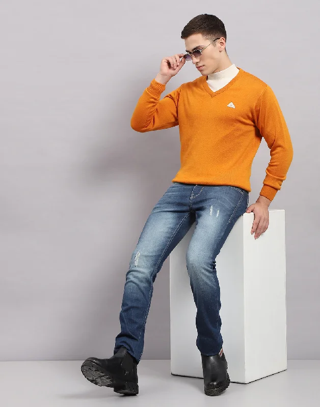 Men's Sweaters with Zip-Up CollarsMen Orange Solid V Neck Full Sleeve Pullover