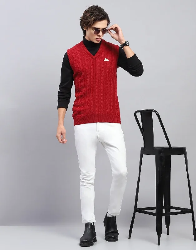 Men's Sweaters in Earthy TonesMen Red Self Design V Neck Sleeveless Sweater