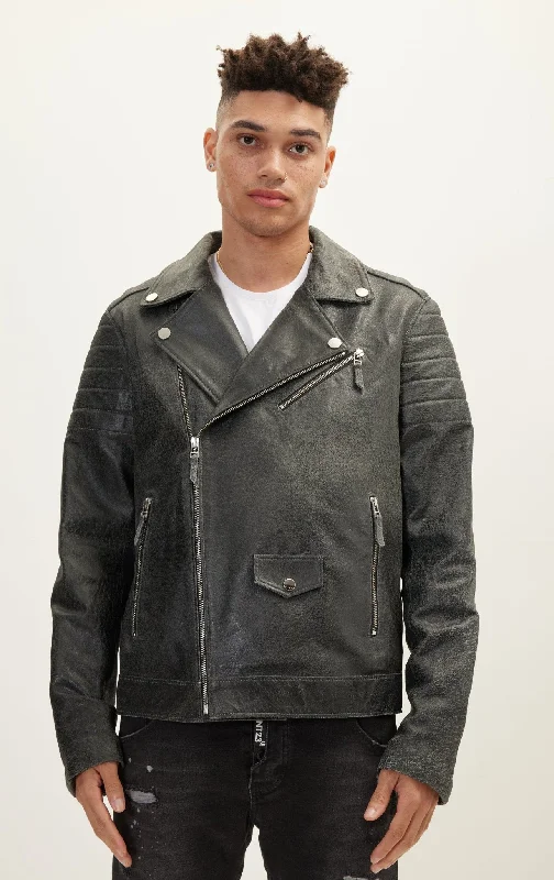 Men's Coats with Adjustable HemsNubuck Leather Moto Jacket - Dark Grey