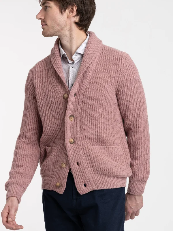 Men's Sweaters with Elastic WaistbandsPink Wool Rib Cardigan