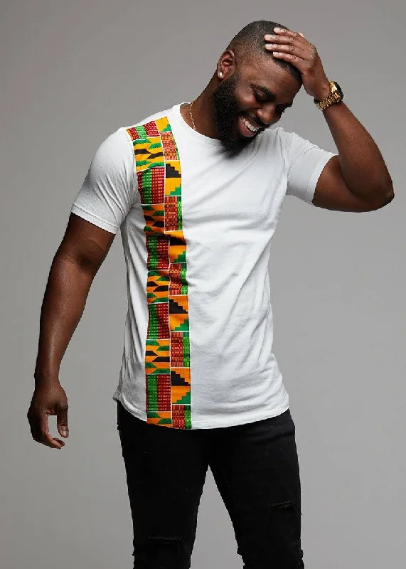 Warm Men's Fleece-Lined TopsSadik African Print Short Sleeve Tee (Yellow Green Kente on White)