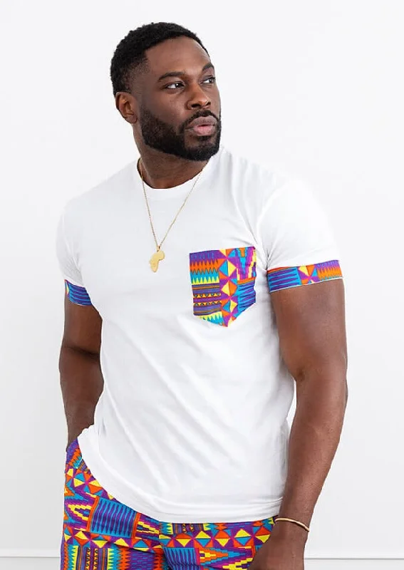 Men's Shirts with Raw-Edge HemlinesSeun Men's African Print T-Shirt with Pocket (Rainbow Kente) - Clearance