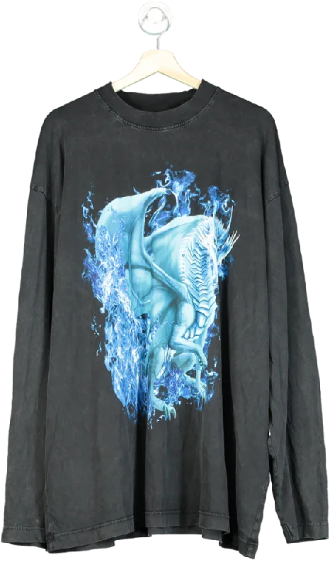 Patterned Men's Hawaiian ShirtsBlack Blue Dragon Graphic Long Sleeve T-Shirt UK XL