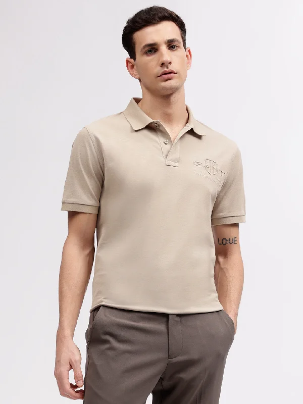 Men's Coats for Everyday WearGant Men Beige Solid Polo Collar Short Sleeves T-shirt