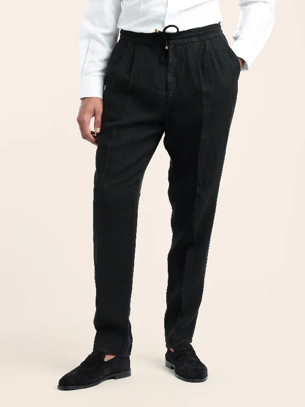 Lightweight Men's Linen PantsBlack Garment-Dyed Leisure Fit Linen Gabardine Trousers