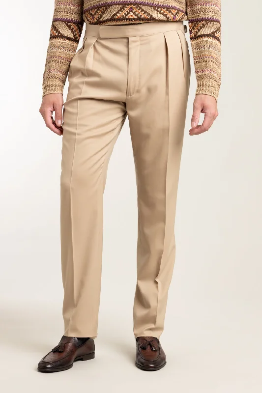 Men's Pants with Contrast WaistbandsLight Brown Wool Pleated Trousers