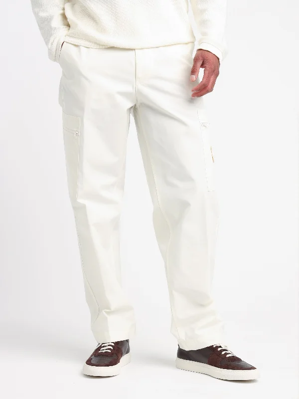 Men's Pants with Faux Leather PatchesWhite Weatherproof Cotton Canvas Cargo Pants